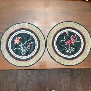 Vintage Chinese Silk Rayon Round Floral Embroidered Mats Doilies Set of 2